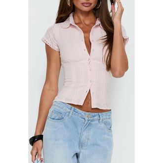 Princess Polly Tyrin Lace Trim Organic Cotton Button-Up Shirt in Pink at Nordstrom, Size 2