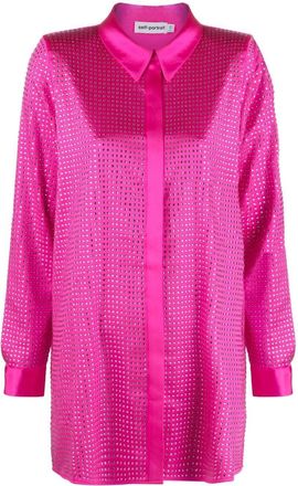 Self Portrait rhinestone-embellished long-sleeved shirt - women - Spandex/Elastane/Polyester - 6 - Pink