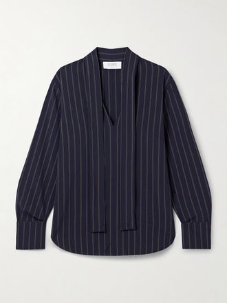 La Ligne Camicia In Crêpe A Righe Con Collo Lavallière Roman - Blu