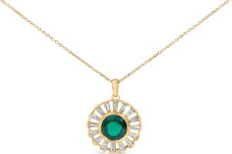 House of Brilliance 14K Yellow Gold Plated Sterling Silver Lab Created Emerald and Baguette Diamond Sunburst Medallion Pendant Necklace