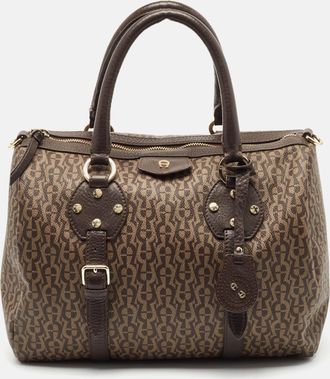 Aigner Brown/beige Signature Coated Canvas And Leather Boston Bag