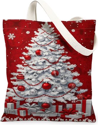 Generic Christmas Tree Canvas Tote Bags, Festive Holiday Red Reusable Shopping Bags, Winter Decorative Lightweight Washable Shoulde, Red, 13x15 Inch