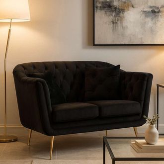 Dmora Sof&aacute; Fijo 2 Plazas Diskit, Efecto Terciopelo Acolchado, Reposabrazos, Cojines Incluidos, 130x83x91h Cm Negro
