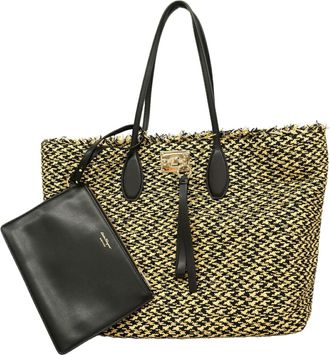 Ferragamo Beige Black Straw Tote Bag (Pre-Owned)