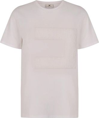 Elisabetta Franchi T-shirt met kanten inzetstuk en geribbelde halslijn - Dames - T-shirts - Wit - L - Leer - Tops