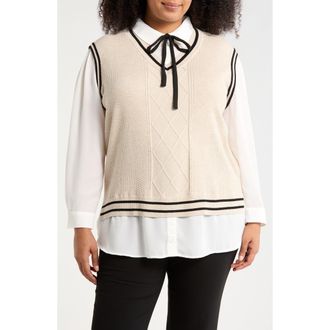 Adrianna Papell V-Neck Twofer Sweater in Neutral/Black at Nordstrom Rack, Size 1X