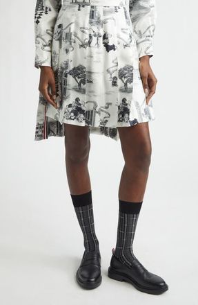 Thom Browne Hector Toile Classic Silk Pleated Skirt in Black/White at Nordstrom, Size 10 Us