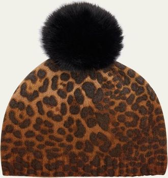 Sofiacashmere Leopard Print Cashmere & Faux Fur Pom Beanie