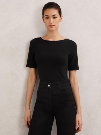 Reiss Black Stretch-cotton Boat-neck Top, XS
