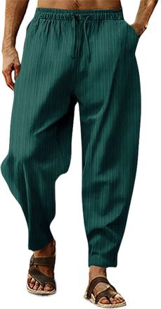 Generic Baggy Pinstripe Trousers Men, Cotton Linen Yoga Trousers With Drawstring Lightweight Loose Fit Pajama Bottoms Lounge Striped Trouser Breathable Comfor