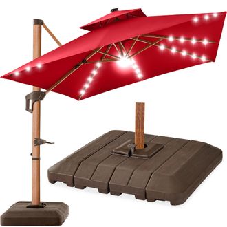 Best Choice Products 10ft Square Woodgrain Pattern 2-Tier Outdoor Solar LED Cantilever Umbrella w/ Base
