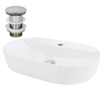 ML Design Lavabo ovalado blanco cer&aacute;mico con desag&uuml;e cromado