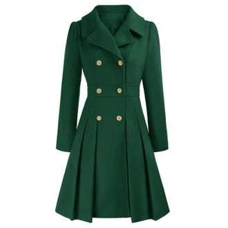 Generic Womens Pea Coat Double Breasted a Line Winter Fashion Notch Lapel Slim Flared Pleated Wool Blend Trench Coats with Pockets (Dark Green,L)