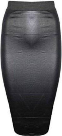 Purple Hanger Womens Wet Look Faux Leather Ladies Pencil Fitted Stretch Elastic Waistband Wiggle Midi Black Skirt Plus Size (((12-14) ML, Black)