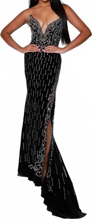 Johnathan Kayne Rhinestone Appliqued Strapless Evening Dress In Black