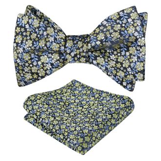 Alizeal Mens Floral Patterned Colorful Classic Self Tied Bow Tie and Pocket Square Set, Navy+Yellow