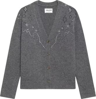 Zadig&Voltaire Western Rhinestone Cashmere Cardigan - Dames - Vesten - Grijs - S - Wol - Truien & Vesten