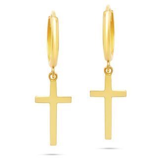 MAX + STONE 10k Yellow or White Gold Small Huggie Hoop Earrings with Dangle Cross
