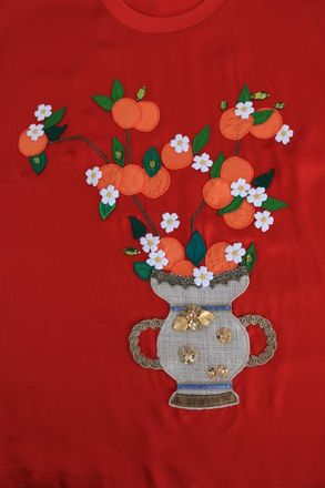 Dolce & Gabbana Womens Red Silk Oranges Floral Crystal Blouse