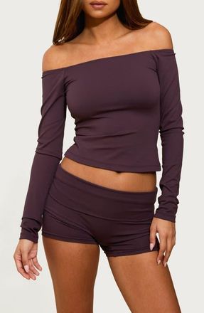 Edikted Tezia Off the Shoulder Long Sleeve Crop Top in Plum at Nordstrom, Size X-Large