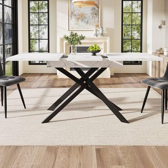 Merax White Marble Effect Extendable Dining Table with Cross Legs