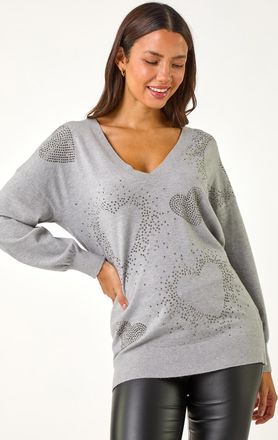 Roman V-Neck Heart Sparkly Detail Jumper