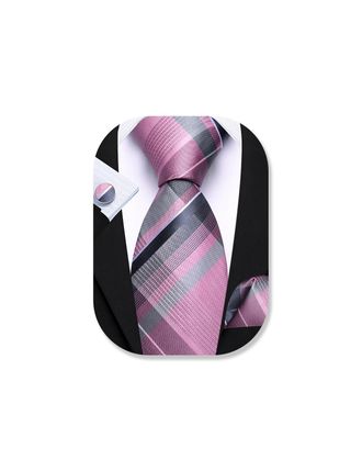 Barry.Wang Mens Pink Grey Tie Silk Tartan Necktie Plaid Pocket Square Cuff Links Sets Wedding Business