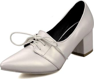 Generic MiaZane Womens Pointed Toe Lace-Up Mid Chunky Block Heel Oxford Pumps for Office & Business Meeting PU Soft Lining Elegant Design,Beige,4.5 UK