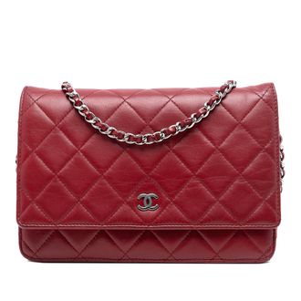 Chanel Pre-owned Womens Cc Quilted Lambskin Wallet On Chain - Dark Red Leather - One Size