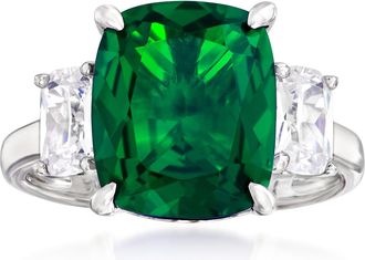 Ross-Simons Simulated Emerald and CZ 3-Stone Ring in Sterling Silver