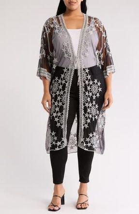Forgotten Grace Embroidered Tie Front Duster in Black/White at Nordstrom Rack, Size 2X