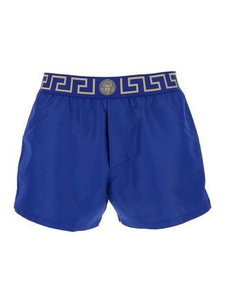 Versace Blue Swim Shorts With Elastic Waist With Greca Motif In Tech Fabric Man