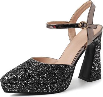Generic Womens Pointed Toe Glitter Bridal Shoes Chunky High Heel Platform Pumps Ankle Strap Wedding Party Prom Sandals,Black,5.5 UK