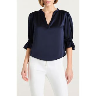 Cinq &agrave; Sept Fiona Split Neck Silk Top in Navy at Nordstrom, Size Xx-Small