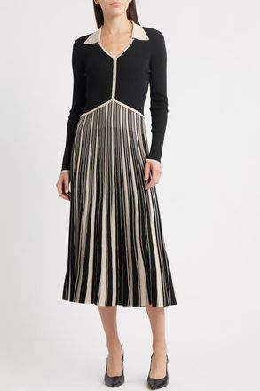 ZOE AND CLAIRE Stripe Long Sleeve Pleated Sweater Dress in Black/Ivory at Nordstrom, Size X-Small