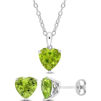 Delmar Sterling Silver Peridot Heart Stud Earrings & Necklace Set in Green at Nordstrom Rack