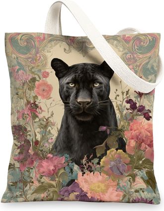 Generic Floral Canvas Tote Bag, Vintage Reusable Grocery Bags, Lightweight Black Shoulder Strap Bags 13x15 Inch