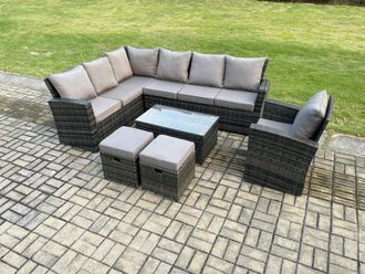 Fimous 9 Seater Outdoor Furniture Garden Dining Set Rattan Corner Sofa Set with Rectangular Coffee Table 2 Small Footstools in Dark Grey