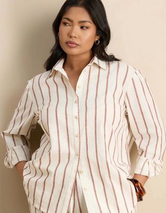 Live Unlimited London Womens Oatmeal Striped Linen Blend Long Sleeve Shirt - Cream/Brown - Size: 20