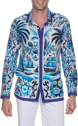 Ranee’s Extra Trim Fit Print Linen & Cotton Button-Up Resort Shirt in Blue at Nordstrom Rack, Size Small