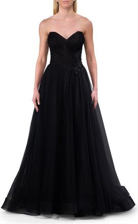 La Femme Strapless A-line Tulle Dress with Floral Waist Detail in Black at Nordstrom, Size 14