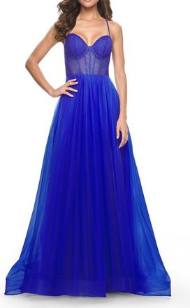 La Femme A-Line Tulle Gown with Rhinestone Fishnet Bodice in Royal Blue at Nordstrom, Size 00