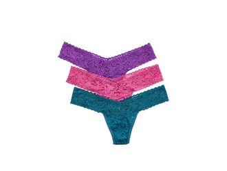 Hanky Panky Signature Lace(r) Low Rise Thongs 3-Pack Womens Underwear Intuition Pink/Riviera Blue/Twilight Purple, Lace/Nylon