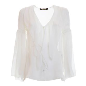 Roberto Cavalli Frilled V-Neck Long Sleeve Silk Blouse, Brand Size 44 ( US Size 10 )