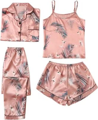 Generic Items Under 2 Pounds Pyjama Set for Women 4 Piece Satin Pyjamas Sleepwear Set Skin-Friendly Short Sleeve Strappy Cami T Shirts And Shorts Set Under 5 