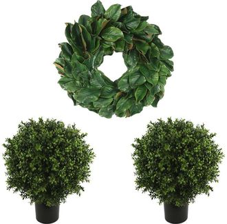 Creative Displays Inc. Christmas Holiday Set With 24In Classic Magnolia Wreath & 2 Uv-Rated Boxwood Drop-Ins