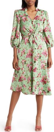 Julia Jordan Floral Print Tie Front Long Sleeve Dress in Green Multi at Nordstrom Rack, Size 10