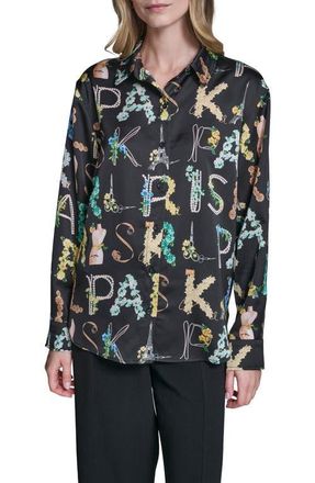 Karl Lagerfeld Print Oversize Button-Up Shirt in Black/Panna Cotta Multi at Nordstrom, Size X-Large