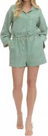 Entro Storytelling Striped Long Sleeve Shorts Romper In Green