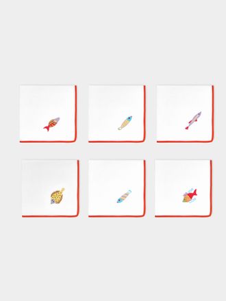 Loretta Caponi Mendini Fish Hand-Embroidered Linen Napkins (Set of 6)